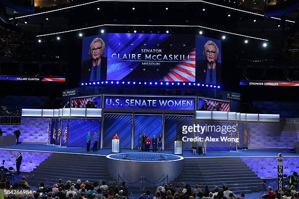 Sen. Claire McCaskill delivers remarks along with members of the Democratic Women of the Senate on the fourth day of the Democratic National...