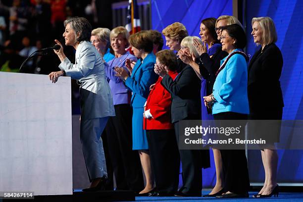 Sen. Barbara Boxer delivers remarks along with members of the Democratic Women of the Senate on the fourth day of the Democratic National Convention...