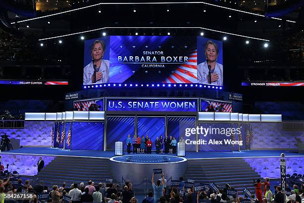 Sen. Barbara Boxer delivers remarks along with members of the Democratic Women of the Senate on the fourth day of the Democratic National Convention...