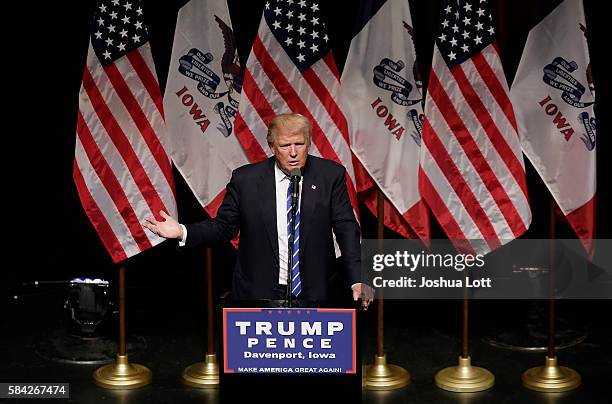 Republican Presidential candidate Donald Trump speaks during a campaign event on July 28, 2016 in Davenport, Iowa. Trump, who received the GOP...