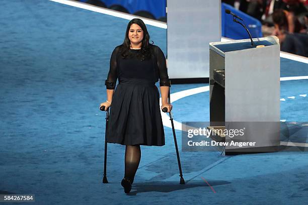 UHillary for America Latino Vote Director Lorella Praeli acknowledges the crowd during the fourth day of the Democratic National Convention at the...