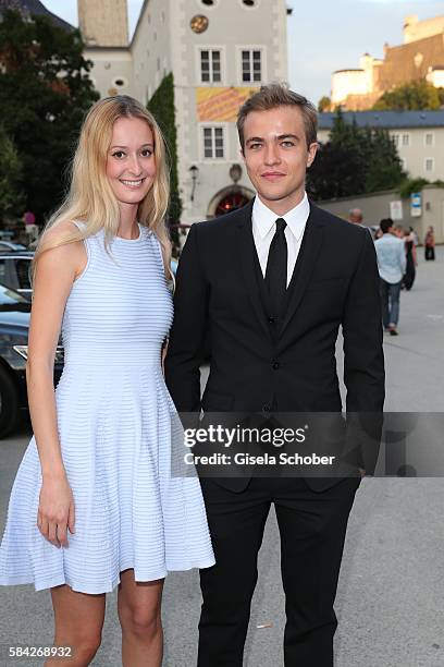 Richard Wunderlich, son of Anne Sophie Mutter and his girlfriend during the opera premiere 'The Exterminating Angel' at Haus fuer Mozart on July 28,...