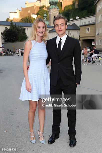 Richard Wunderlich, son of Anne Sophie Mutter and his girlfriend during the opera premiere 'The Exterminating Angel' at Haus fuer Mozart on July 28,...