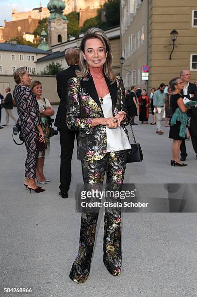 Brigitte Schuler-Voith wearing a suit with flower pattern by Gucci during the opera premiere 'The Exterminating Angel' at Haus fuer Mozart on July...