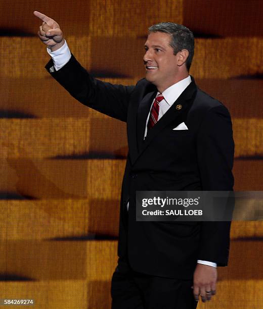 Representative Tim Ryan of Ohio arrives on stage to address delegates on fourth and final day of the Democratic National Convention at Wells Fargo...