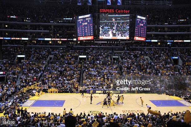 General view of the tip-off between the Los Angeles Lakers and the Philadelphia 76ers to start Game two of the NBA Finals at Staples Center in Los...