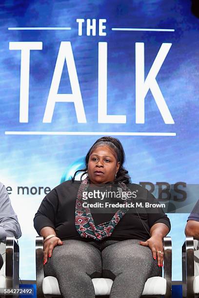 Samaria Rice speaks onstage during 'The Talk ' panel discussion at the PBS portion of the 2016 Television Critics Association Summer Tour at The...