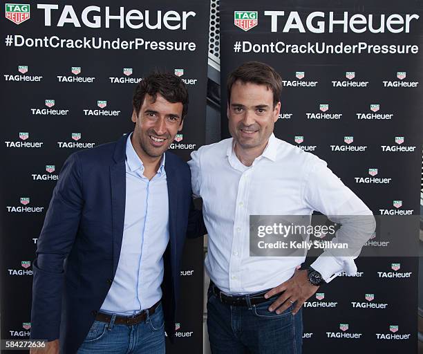 President of Tag Heuer North America Kilian Muller poses for a photo with retired footballer Raul Gonzalez Blanco at the MLS All-Star Game at Avaya...