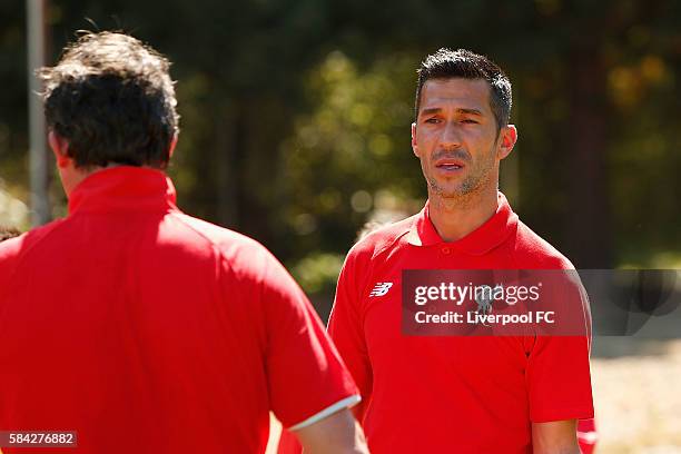 Former Liverpool player Luis Garcia takes drills at a kids soccer clinic at the Addison-Penzak Jewish Community Center during the Liverpool...