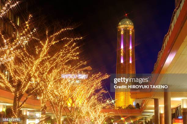 yume tower and christmas illuminations - yamaguchi stock pictures, royalty-free photos & images
