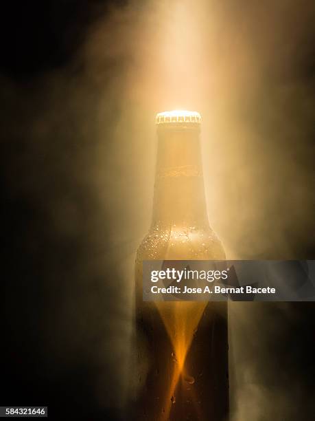 frosty and cold bottle of beer on a black background in an environment of smoke - beer bottles stockfoto's en -beelden