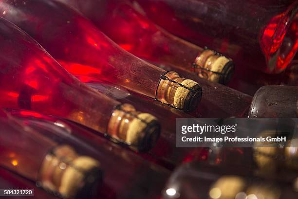 champagne fermenting in bottles according to the champenoise method - wine rack stock pictures, royalty-free photos & images