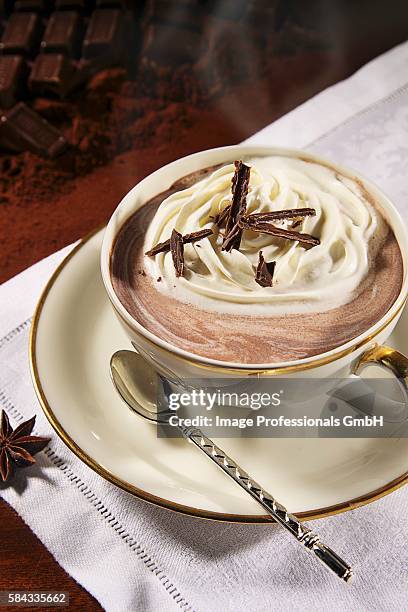 hot chocolate with cream - cup saucer stock pictures, royalty-free photos & images