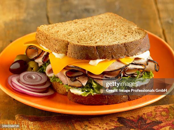 turkey and cheese sandwich on toasted wheat bread; onion slices and olives; on a plate - turkey and cheese sandwich stock pictures, royalty-free photos & images