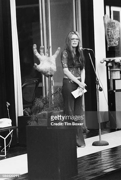 American feminist, journalist and political activist, Gloria Steinem speaking at a Women's Liberation meeting at the home of Ethel and Robert Scull,...