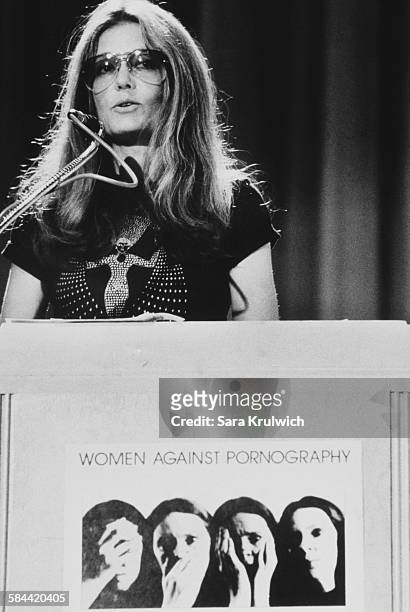 American feminist, journalist and political activist, Gloria Steinem speaking at a Women Against Pornography conference at Martin Luther King Jr High...