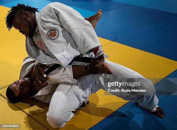 Refugee and judo athlete Popole Misenga to Democratic Republic of Congo fights during a training session ahead of the Olympic games on July 28, 2016...