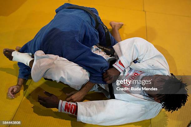 Refugee and judo athlete Popole Misenga to Democratic Republic of Congo fights during a training session ahead of the Olympic games on July 28, 2016...