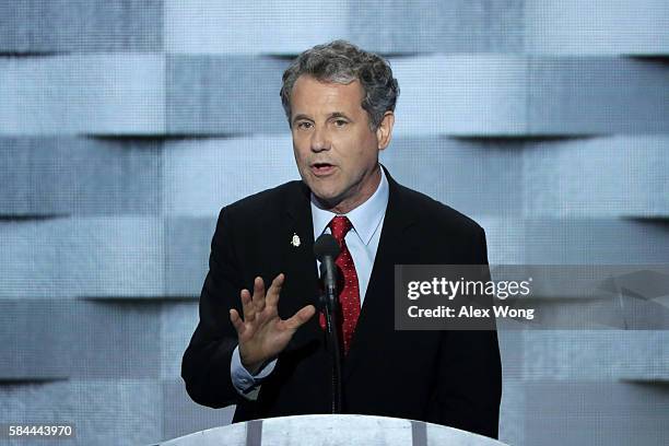 Senator Sherrod Brown delivers remarks on the fourth day of the Democratic National Convention at the Wells Fargo Center, July 28, 2016 in...