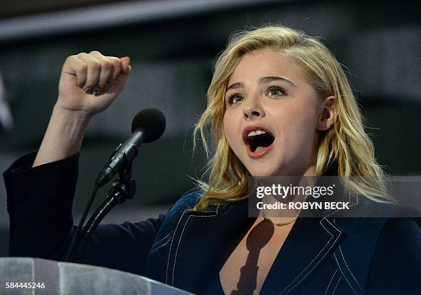 Actress Chloe Grace Moretz speaks during the final day of the 2016 Democratic National Convention on July 28 at the Wells Fargo Center in...