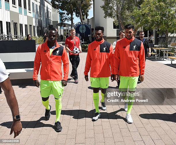 Daniel Sturridge, Emre Can and Sadio Mane of Liverpool take a tour at the launch of the new third kit at the Facebook Village on July 28, 2016 in...