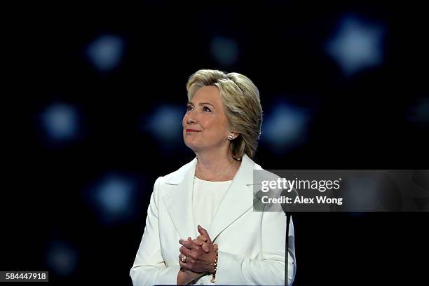 Democratic presidential nominee Hillary Clinton acknowledges the crowd as she arrives on stage during the fourth day of the Democratic National...