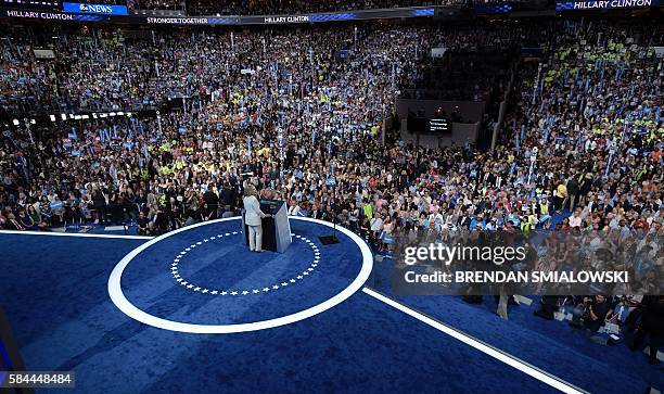 Presidential nominee Hillary Clinton speaks during the fourth and final day of the Democratic National Convention on July 28, 2016 in Philadelphia,...