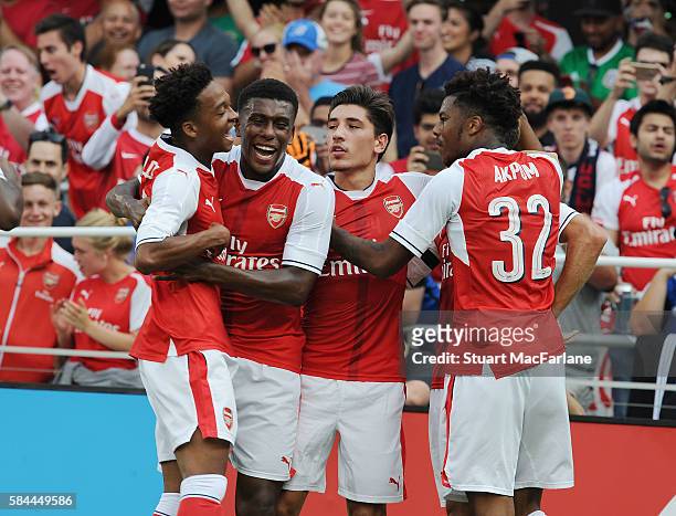 Chuba Akpom celebrates scoring the 2nd Arsenal goal with Chris Willock, Alex Iwobi and Hector Bellerin during the MLS All-Star Game between the MLS...