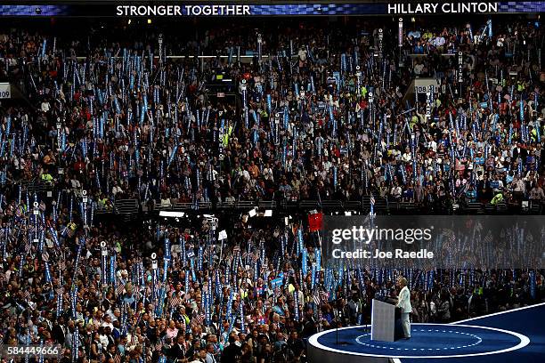 Democratic presidential candidate Hillary Clinton delivers remarks during the fourth day of the Democratic National Convention at the Wells Fargo...