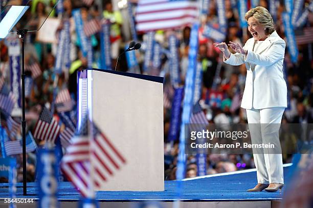 Democratic presidential candidate Hillary Clinton acknowledges the crowd after delivering a speech on the fourth day of the Democratic National...
