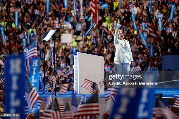 Democratic presidential candidate Hillary Clinton acknowledges the crowd after delivering a speech on the fourth day of the Democratic National...