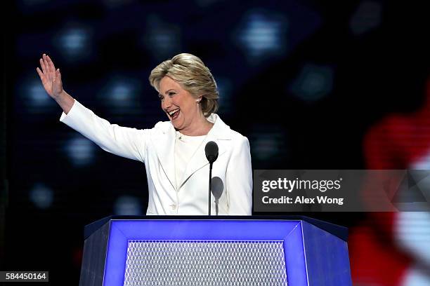 Democratic presidential candidate Hillary Clinton acknowledges the crowd after delivering a speech on the fourth day of the Democratic National...