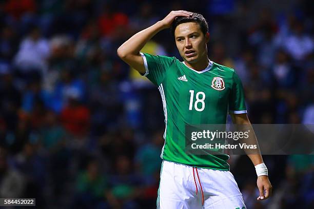 Erick Torres of Mexico gestures during an U-23 International Friendly between Mexico and Argentina at Cuauhtemoc Stadium on July 28, 2016 in Puebla,...