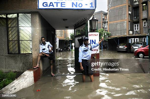 Waterlogging and traffic menance after the heavy evening downpour on July 28, 2016 in Gurgaon, India, 2016. The Gurgaon Police issued an advisory on...