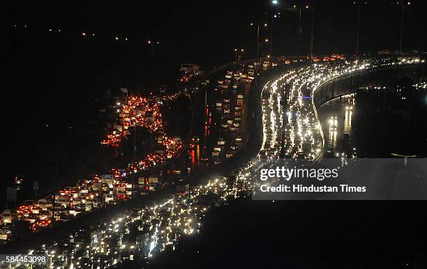 After the heavy rain, vehicles stuck in long traffic jam at Delhi-Gurgaon expressway on July 28, 2016 in Gurgaon, India. The Gurgaon Police issued an...