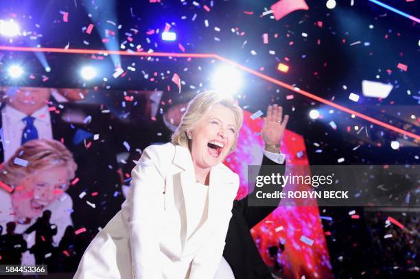 Democratic presidential nominee Hillary Clinton celebrates on stage after she accepted the nomination during the fourth and final night of the...