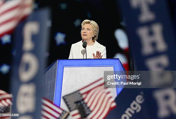 Democratic presidential candidate Hillary Clinton delivers remarks during the fourth day of the Democratic National Convention at the Wells Fargo...