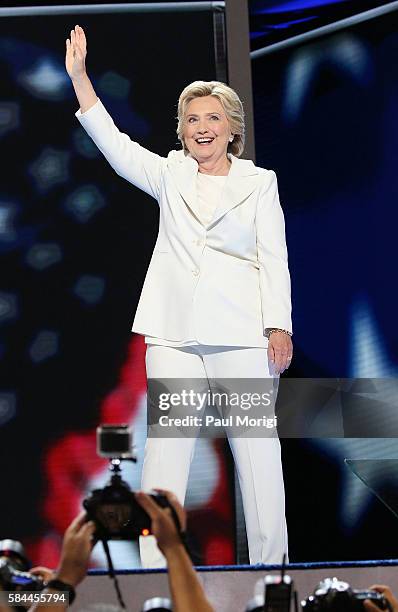 Democratic presidential candidate Hillary Clinton acknowledges the crowd at the end on the fourth day of the Democratic National Convention at the...