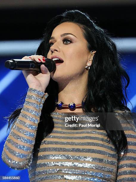 Katy Perry performs on the fourth day of the Democratic National Convention at the Wells Fargo Center on July 28, 2016 in Philadelphia, Pennsylvania....