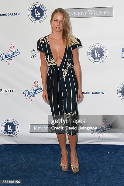 Model Genevieve Morton arrives at the Los Angeles Dodgers Foundation Blue Diamond Gala at the Dodger Stadium on July 28, 2016 in Los Angeles,...