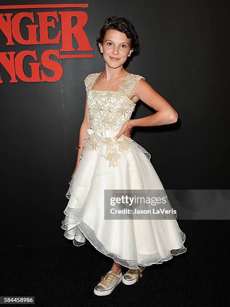 Actress Millie Bobby Brown attends the premiere of "Stranger Things" at Mack Sennett Studios on July 11, 2016 in Los Angeles, California.