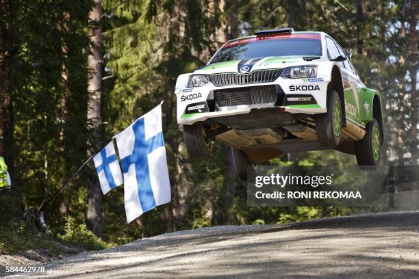 Finnish driver Esapekka Lappi and Finnish co-driver Janne Ferm drive their Skoda Fabia R5 during the second day of Neste Rally Finland of FIA World...