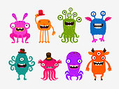 Fun cute cartoon monsters. Set icons vector illustration