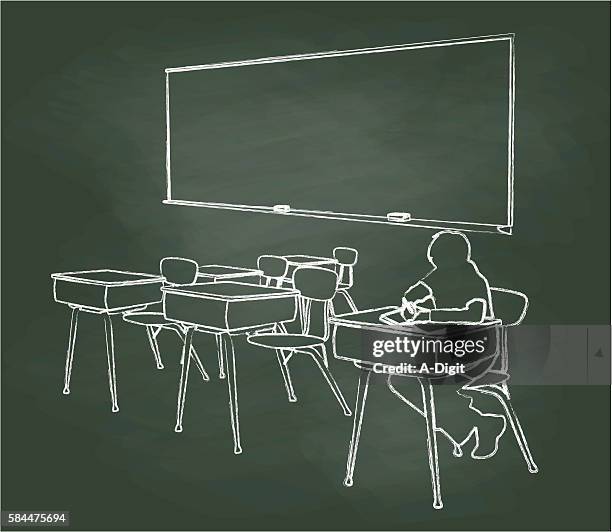 ilustraciones, imágenes clip art, dibujos animados e iconos de stock de estudiante de pizarra solo en el aula - travesura