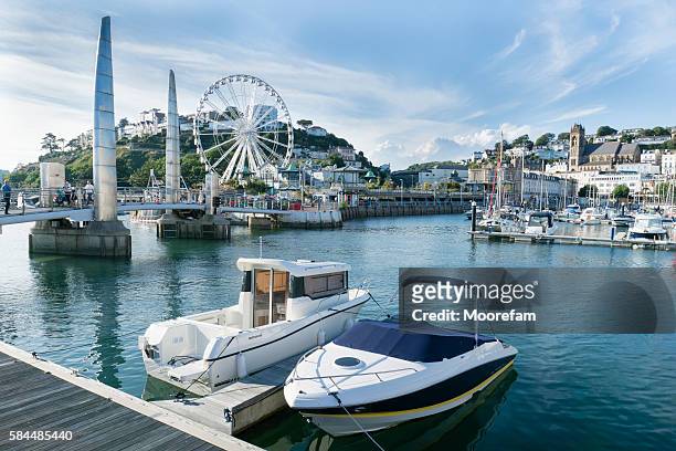 torquay harbour on a sunny summers day with moored boats - torquay stock pictures, royalty-free photos & images