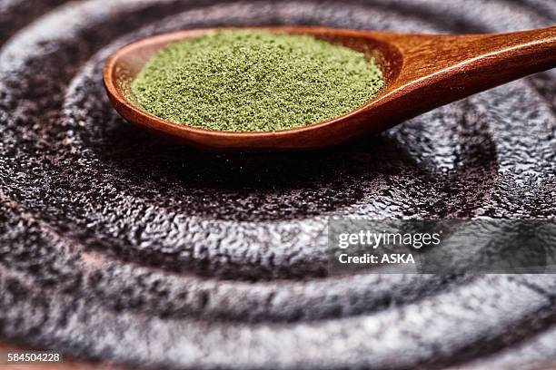 powder green tea with bamboo spoon - powder tea stock pictures, royalty-free photos & images