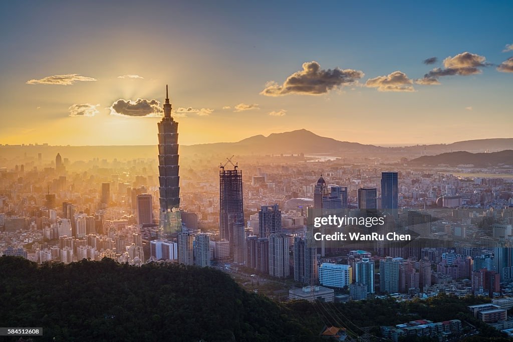 101 skyscraper under amazing sunbeam light in sunset in Taiwan