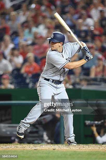 Alex Dickerson of the San Diego Padres prepares for a pitch during a baseball game against the Washington Nationals at Nationals Park on July 23,...