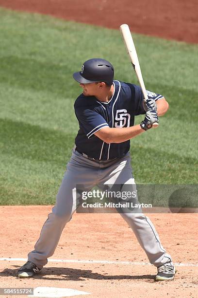 Alex Dickerson of the San Diego Padres prepares for a pitch during a baseball game against the Washington Nationals at Nationals Park on July 24,...