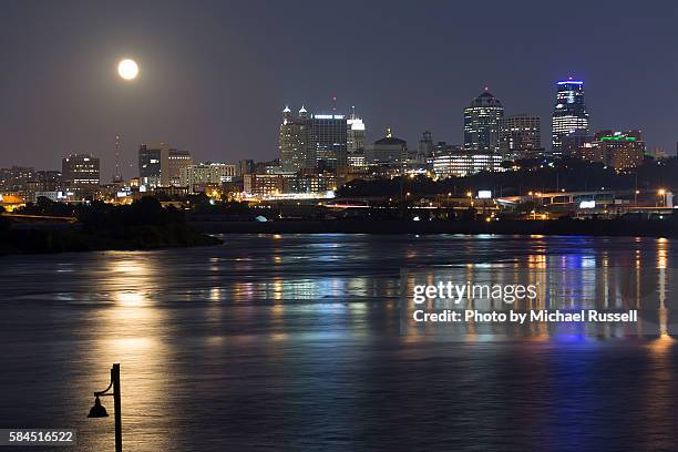 kc moonrise river full frame - kansas city missouri skyline stock pictures, royalty-free photos & images